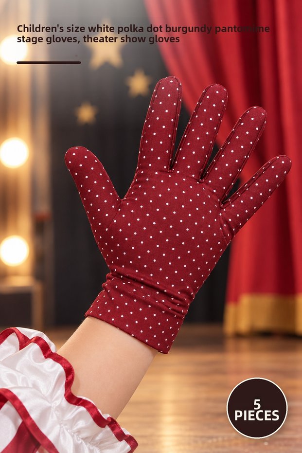 5 Pieces of Children's Pantomime Gloves – Children's Size White Polka Dot Burgundy Pantomime Props Gloves, Theater Performance Gloves