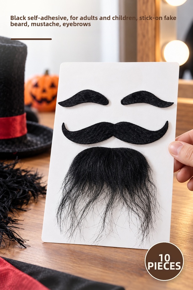 10 Pieces of Fake Beard, Mustache, and Eyebrow Set – Black Self-Adhesive, Stick-On Fake Beard Mustache Eyebrows for Adults and Children