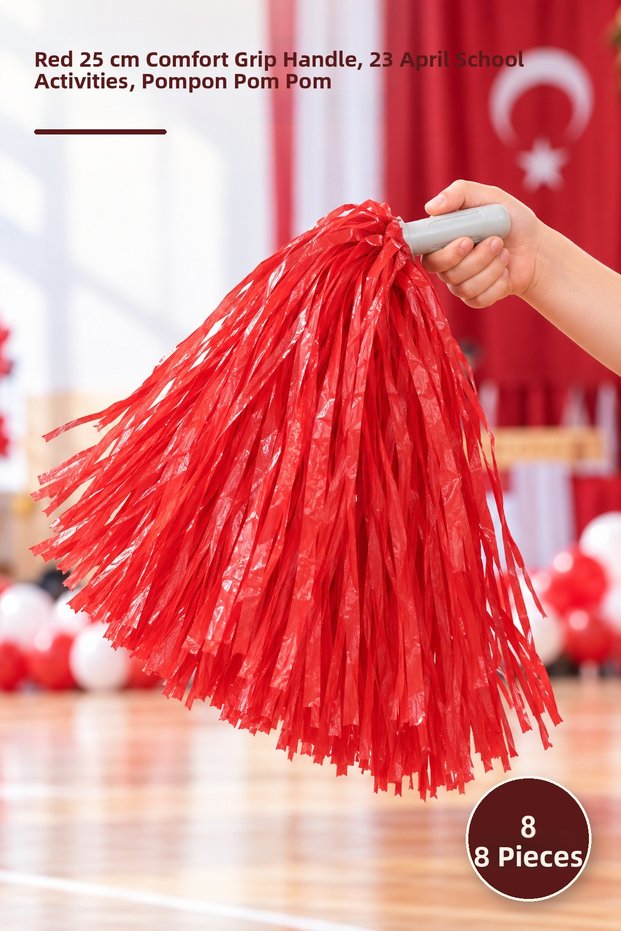 8 Pcs Cheerleading Pom Poms – Red 25 cm Comfortable Grip Handle, April 23Rd School Events, Pompon Pom Pom