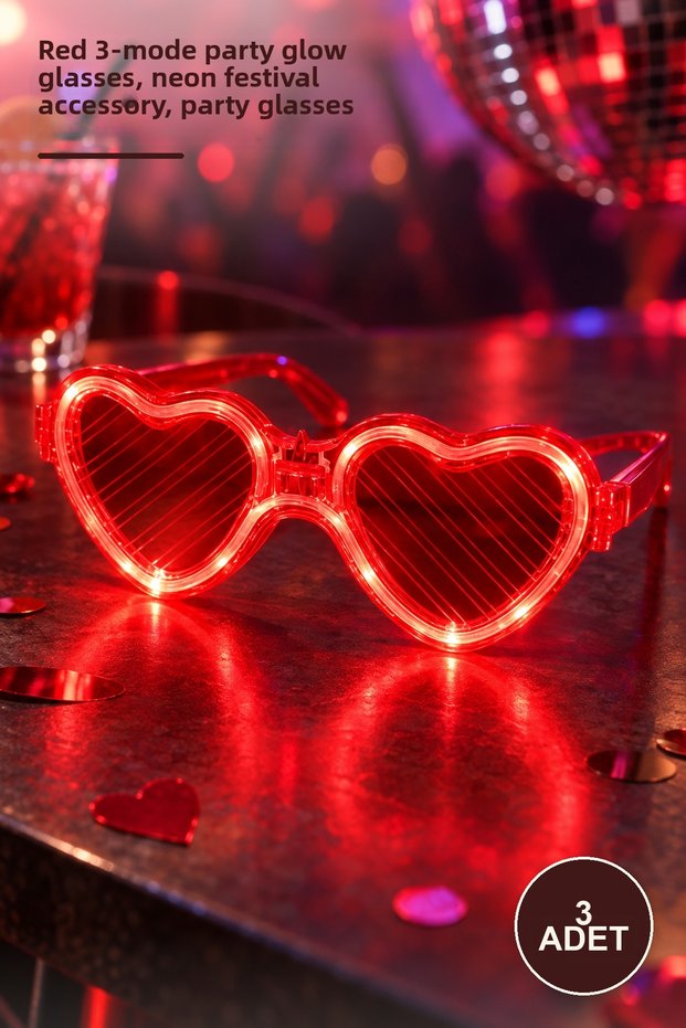 3 Pieces Heart Led Glasses – Red 3-Mode Party Glow Glasses, Neon Festival Accessory, Party Glasses