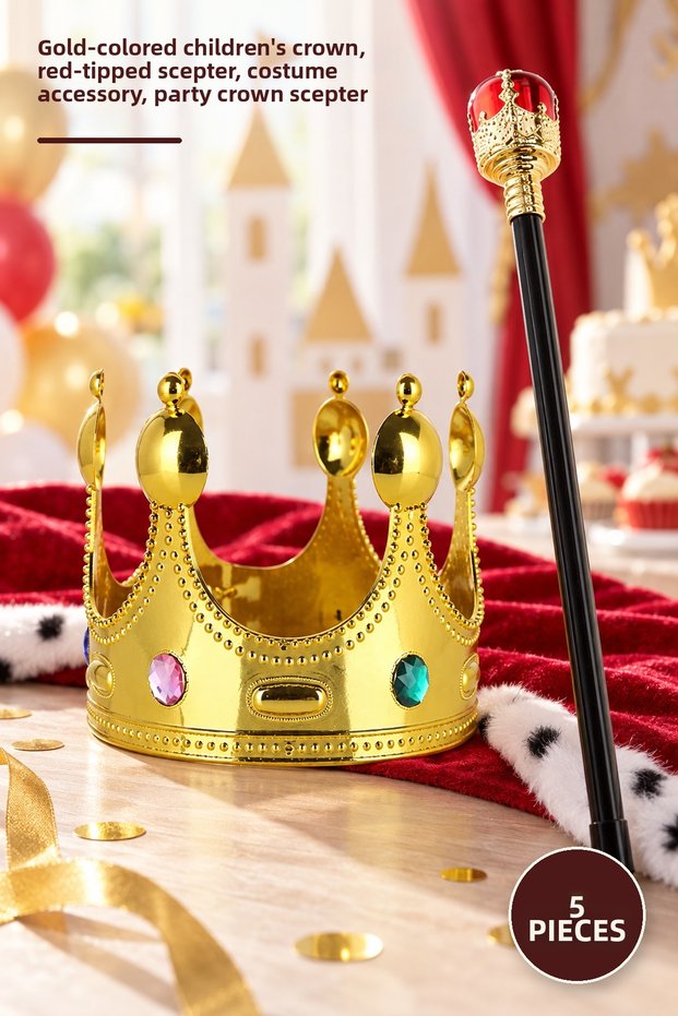 5 Pieces King Crown and Scepter – Gold Color Children's Crown, Red Ball-Headed Scepter, Costume Accessory, Party Crown Scepter