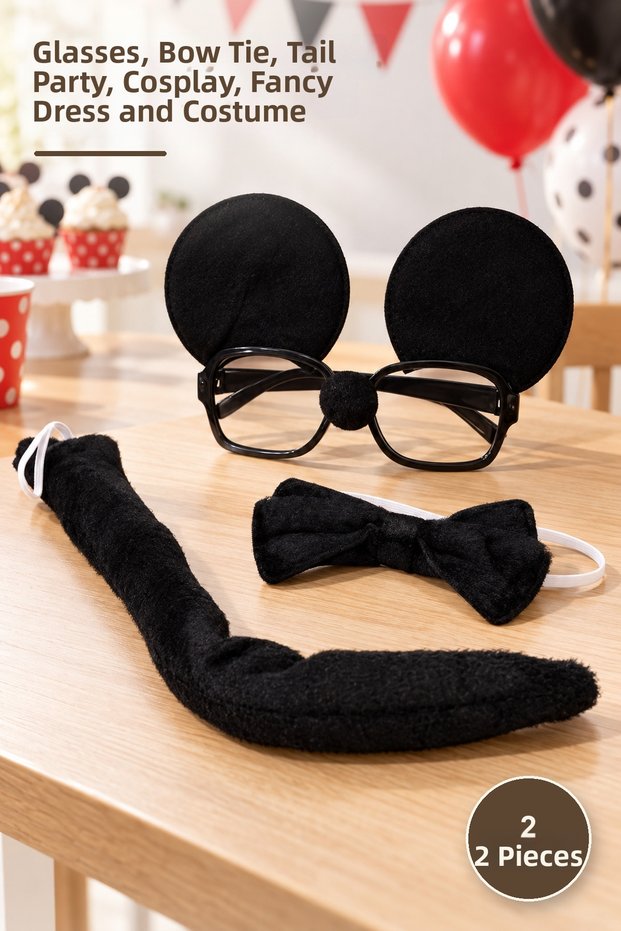 2 Pieces Mickey Mouse Costume Accessory Set – Glasses, Bow Tie, Tail, Party, Cosplay, Fancy Dress, and Costume