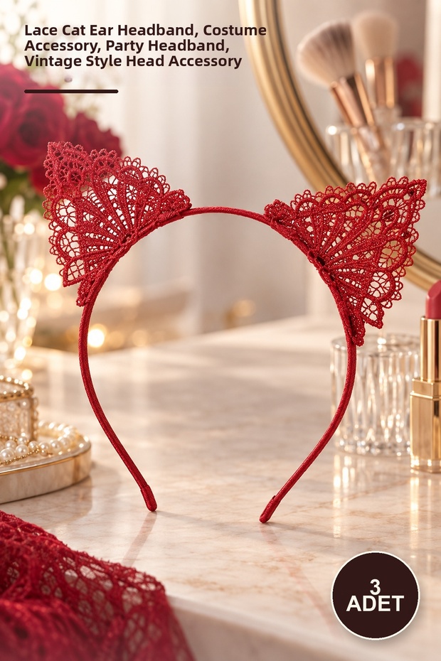 3Pcs Lace Red Cat Crown – Lace Cat Ear Crown, Costume Accessory, Party Headband, Vintage Style Head Accessory