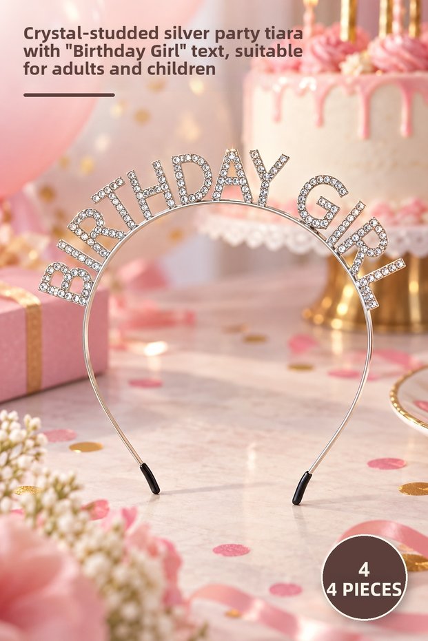 4 Pieces Birthday Crown – Silver Party Tiara with Crystal Stones and Birthday Girl Inscription, Metal Crown for Adults and Children