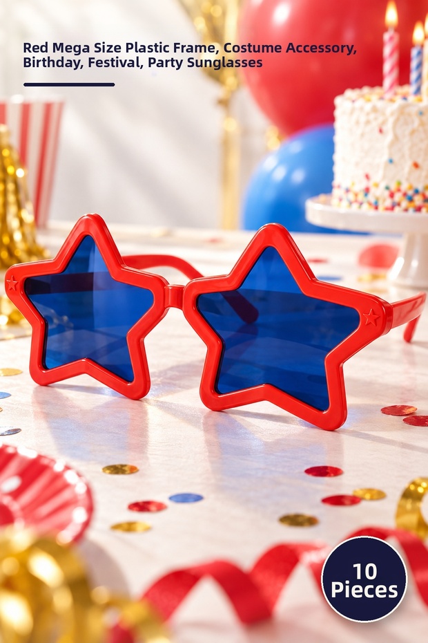 10 Pieces Mega Type Star Party Glasses – Red Mega Size Plastic Frame, Costume Accessory, Birthday, Festival, Party Sunglasses