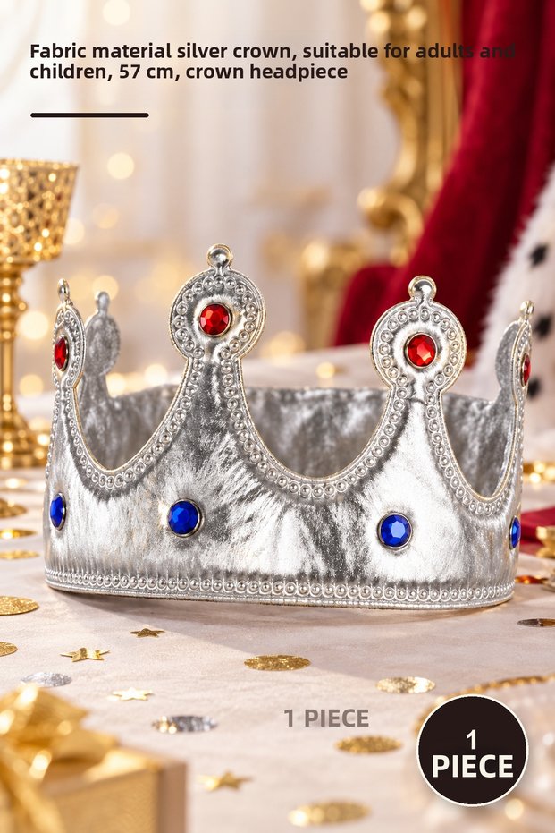 1 Piece King Crown – Silver Color Crown with Fabric Material, Suitable for Adults and Children, 57 Cm, Crown Headpiece