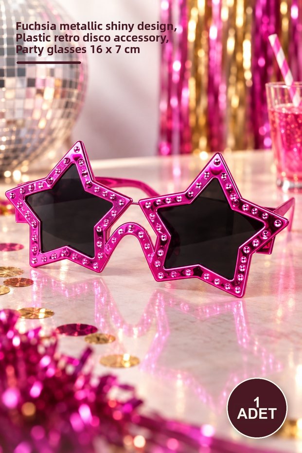 1 Piece Star-Shaped Party Glasses – Fuchsia Metallized Shiny Design, Plastic Retro Disco Accessory, Party Glasses 16 X 7 cm