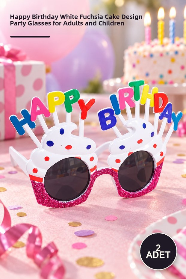 2 Party Glasses – Happy Birthday Written White Fuchsia Cake Design Party Glasses Birthday Glasses for Adults and Children