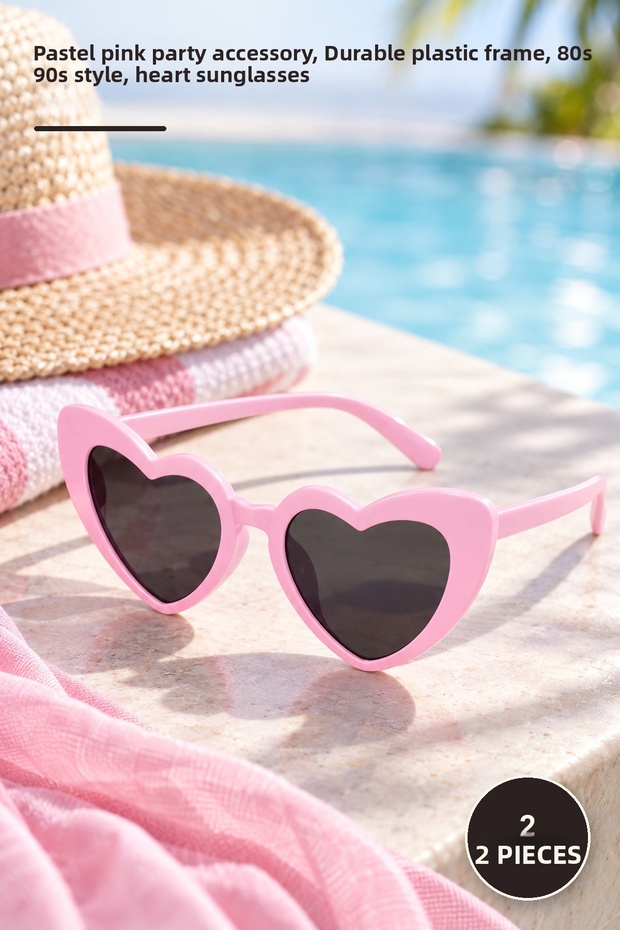 2Pcs Retro Heart Glasses – Pastel Pink Party Accessory, Durable Plastic Frame, 80S 90S Style, Heart Sunglasses