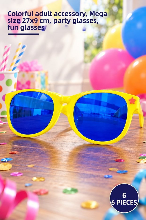 6 Pieces of Large Party Glasses – Colorful Adult Accessory, Mega Size 27X9 Cm, Party Glasses, Fun Glasses