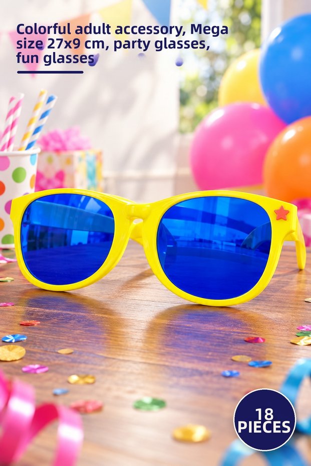18 Pieces of Large Party Glasses – Colorful Adult Accessory, Mega Size 27X9 Cm, Party Glasses, Fun Glasses