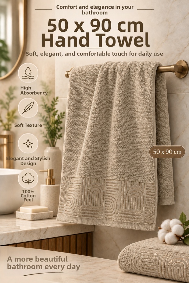 Luxury Patterned Hand and Face Bath Towel 100% Cotton 1 Piece Water Absorbent Odorless Bride's House Mink Color
