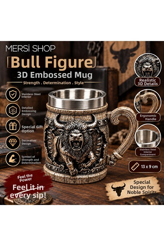 3D Embossed Stainless Steel Mug with Bull Figure 13X9 cm Decorative Design