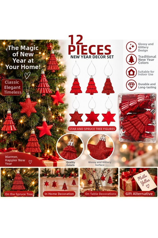 Red Christmas Ornament Set 12 Pieces – Glittery Shiny Decoration Ornament with Star & Pine Tree Figures