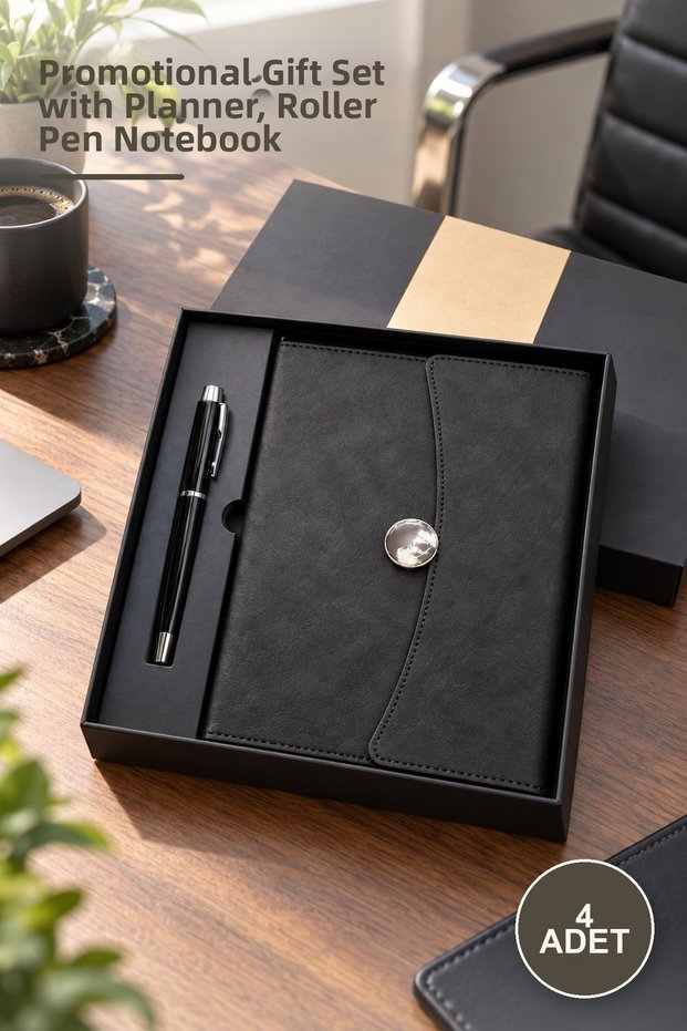 4-Piece Black Thermo Leather Notebook and Metal Ballpoint Pen Set – Agenda Gift Boxed Promotional Set, Roller Pen Notebook