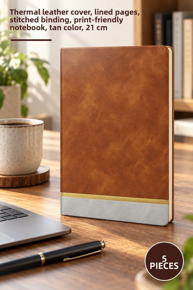 5 Pieces Leather Lined Notebook – Thermo Leather Cover, Lined Inner Pages, Bookmark String, Notebook Suitable for Printing, Tan Color, 21 cm