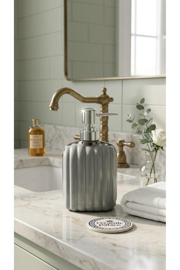 Porcelain Striped Liquid Soap Dispenser 350ml Gray 48439