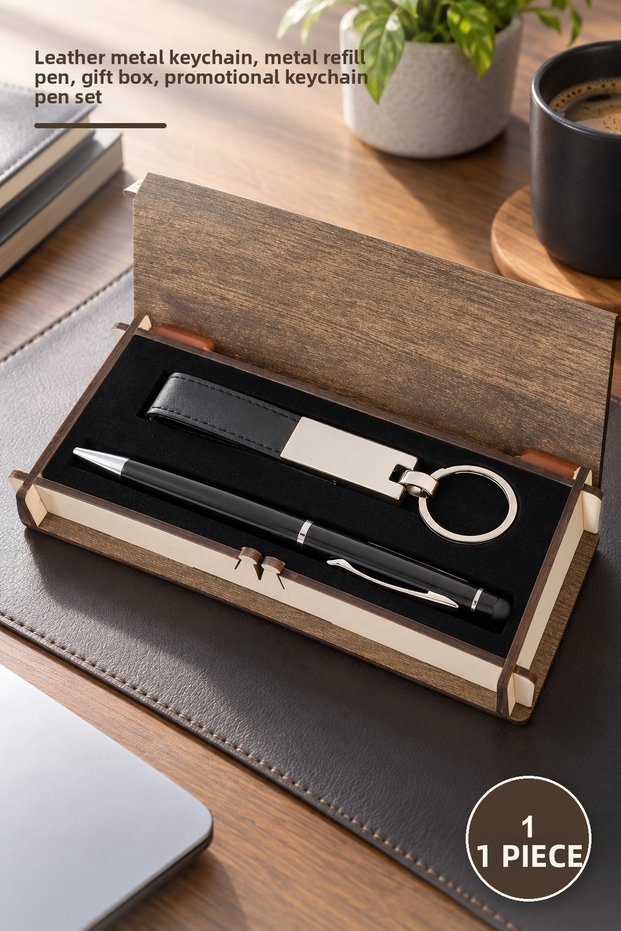 1 Piece Black Keychain and Pen Set with Wooden Box – Leather Metal Keychain, Metal Ballpoint Pen, Gift Box, Promotion, Keychain Pen Set