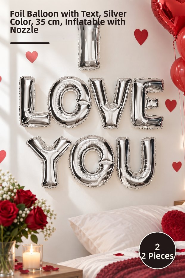 2 Pieces I Love You Foil Balloon – Foil Letter Balloon, Silver Color, 35 Cm, Inflatable with Valve and Straw