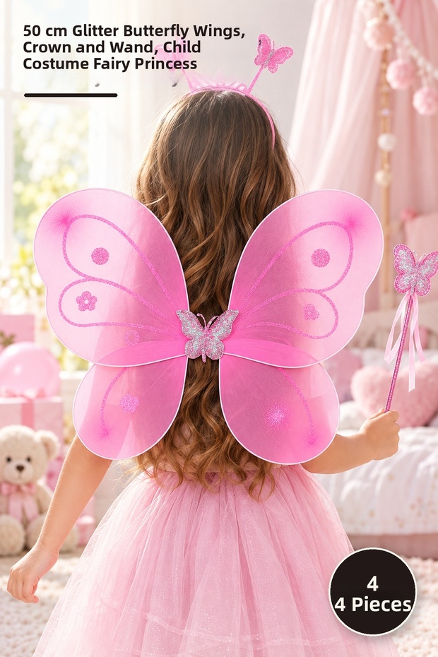 4 Piece Pink Butterfly Girl Set – 50 cm Glitter Butterfly Wing, Crown and Wand, Children's Costume Fairy Butterfly Princess