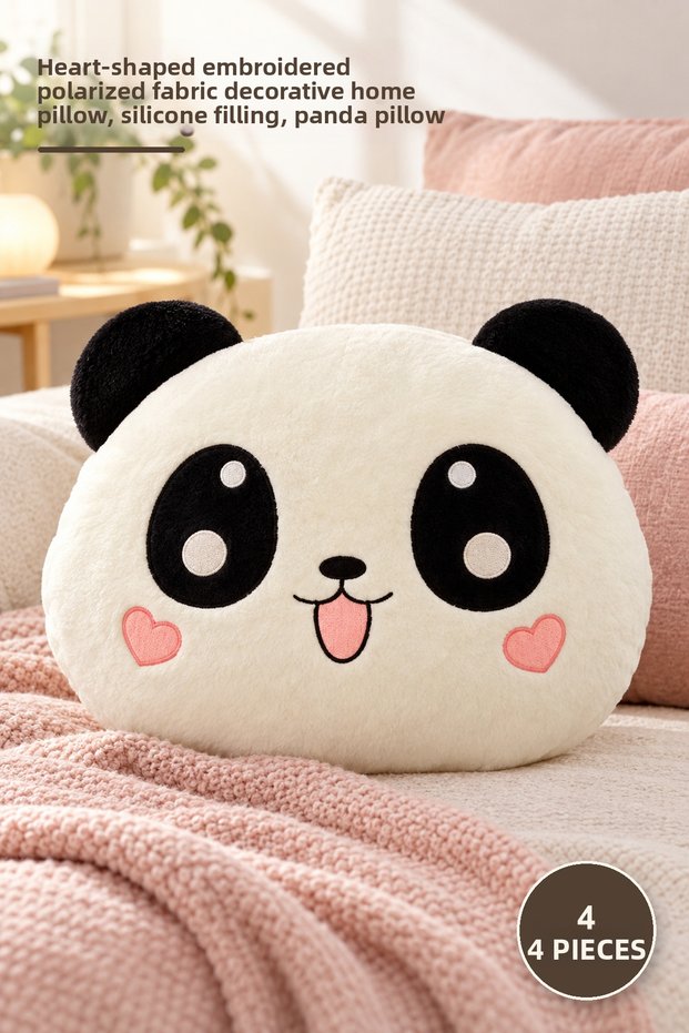 4 Pieces Panda Pillow – Embroidered Polarized Fabric Decorative Home Pillow with Heart Cheeks, Silicone Filling, Panda Pillow