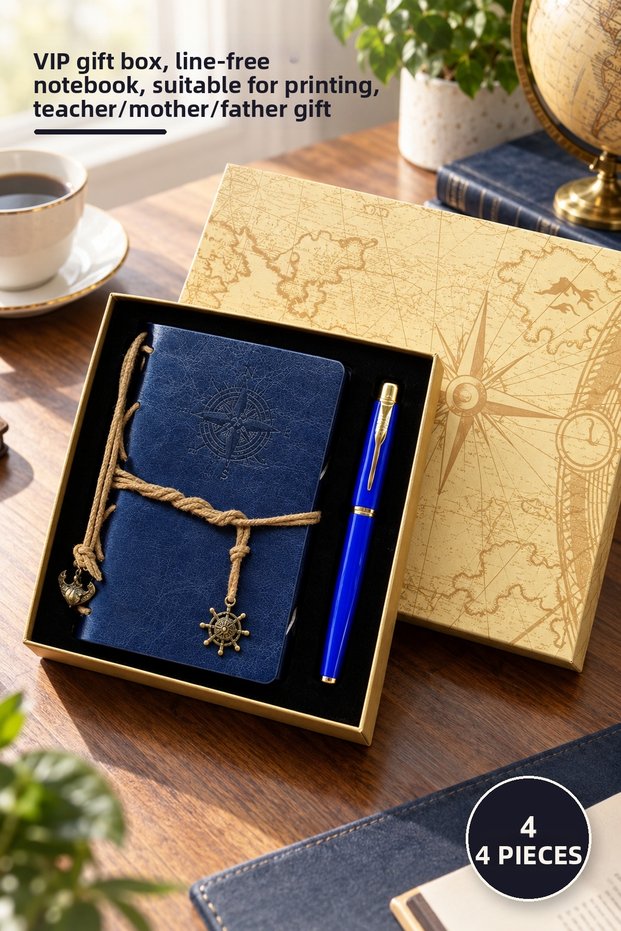 4 Pieces Compass Printed Leather Notebook and Blue Metal Rollerball Pen Set – Vip Gift Boxed, Unlined Notebook, Suitable for Printing, Teacher/Mom/Dad Gift