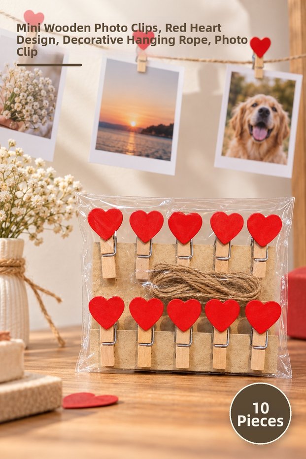 10 Pieces of Heart-Shaped Decorative Pegs – Mini Wooden Photo Pegs, Red Heart Design, Decorative Hanging String, Photo Clip