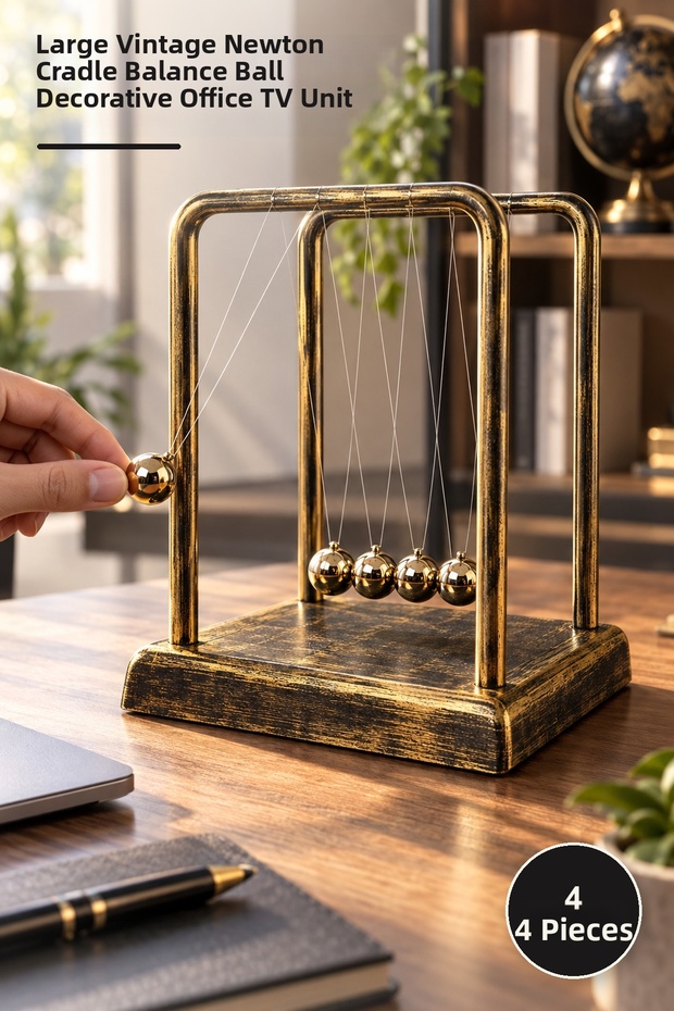 4 Pieces Newton Balance Ball – Large Size Vintage Antique Yellow Decorative Office Tv Unit Newton Cradle Balance Ball