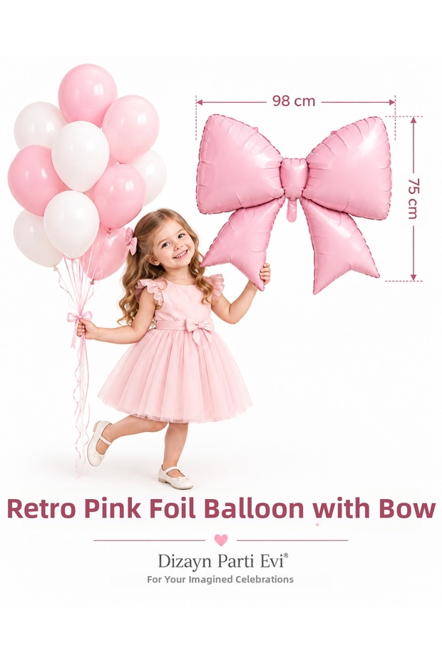 Cream - Pink Color Bow Foil Balloon Set 98X75 cm – Birthday Decoration Set with 5 Pink-White Balloons
