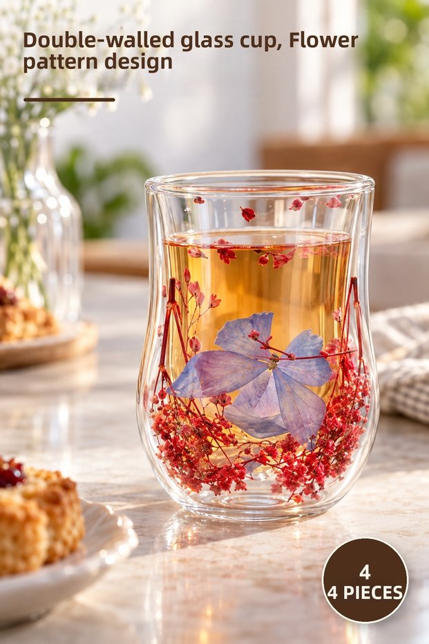 4 Pieces Double-Walled Floral Glass Cups – Double-Walled Drinking Glasses, Floral Pattern Design, Double-Walled Glass Cup