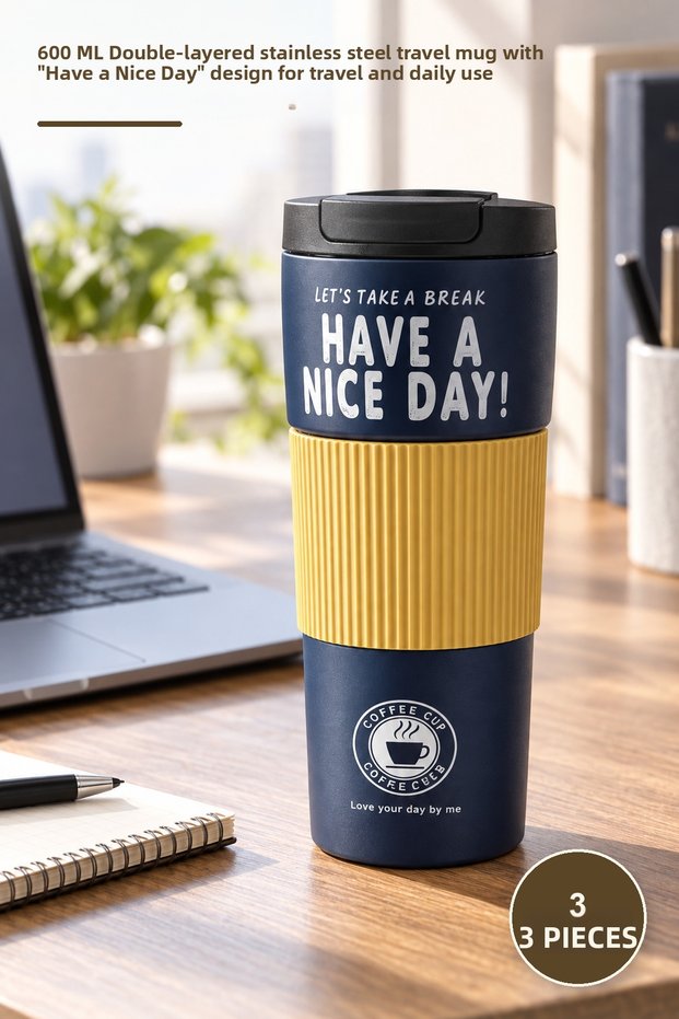 3 Pieces Thermos Mug – 600 ml Double Layered Stainless Steel, Have a Nice Day Patterned Travel Mug Thermos for Travel and Daily Use