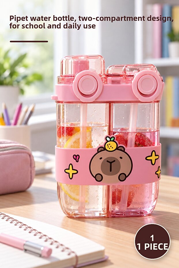 1 Piece Double Compartment Water Bottle with Straw – Water Bottle with Straw, Two Compartment Water Bottle, School and Daily Use, Water Bottle