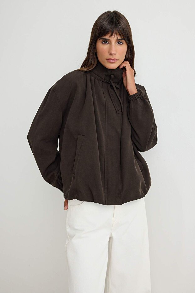 Dark Brown Oversize Stand Collar Linen-Blend Bomber Coat Twoss26Mo00026