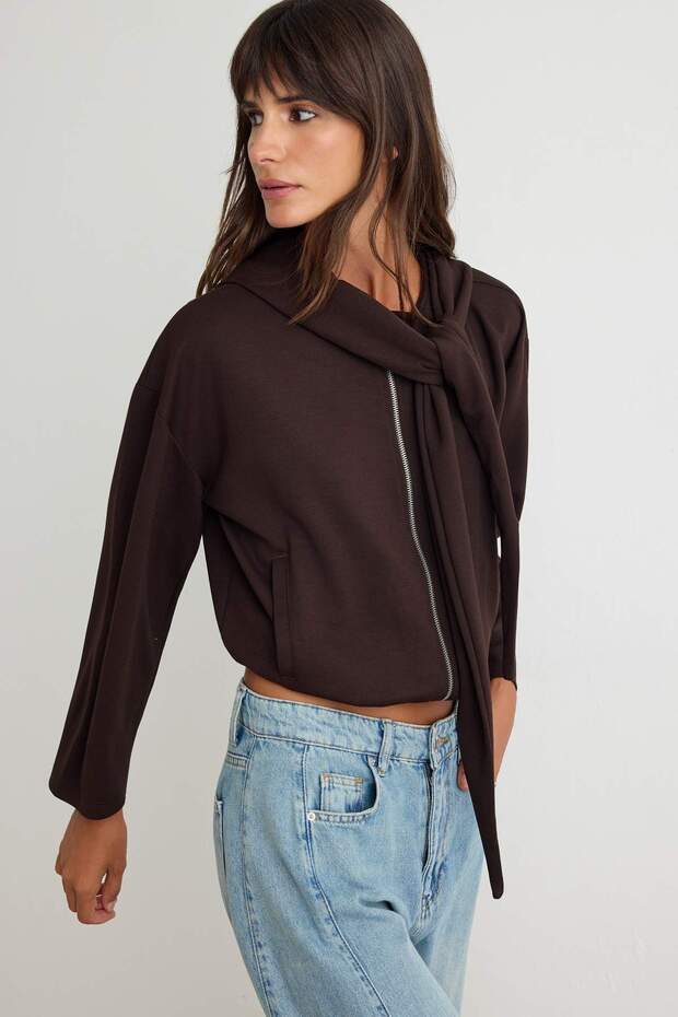 Kahverengi Soft/Yumuşak Dokunuşlu Kapüşonlu Fermuarlı Oversize Örme Hırka/Sweatshirt TWOAW27SW00090