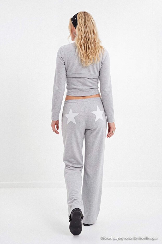 Gray Melange Back Star Printed Straight/Cut-Off Knitted Sweatpants Twoaw27Ea00027