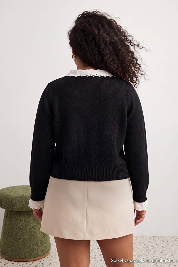 Siyah Crop Dantel Garnili Kurdele/Fiyonk Detaylı Triko Hırka TBBAW27AV00004