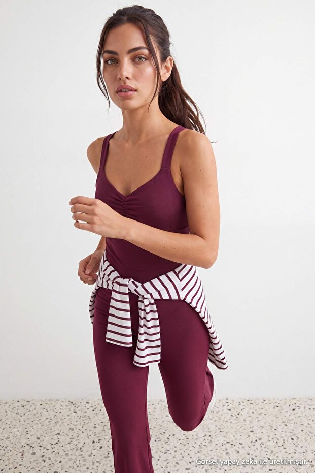 Mürdüm Soft Fırçalı Kumaş Büzgü Detaylı Örme Spor Tulum THMAW27TU00001