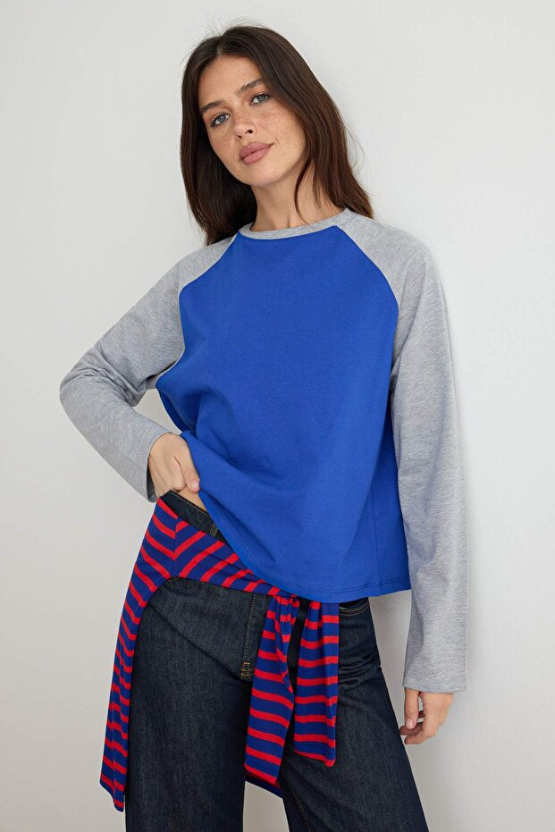Saks Gray Melange 100% Cotton Color Blocked Oversize Baseball Raglan Sleeve Knitted T-Shirt Twoaw27Ts00110