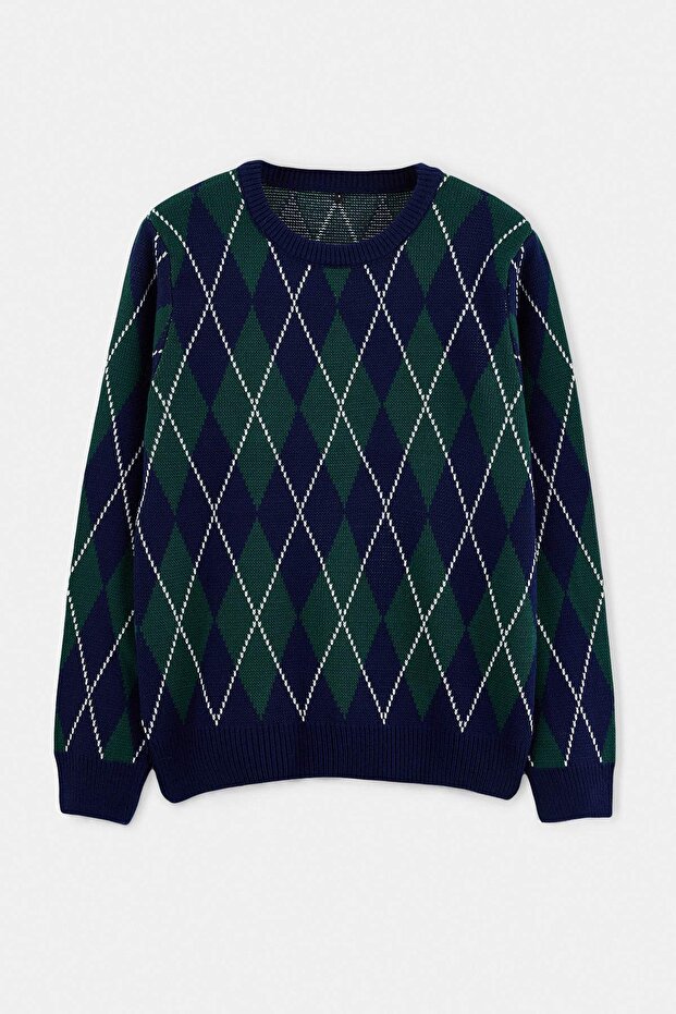 Navy Blue-Green Regular Fit Diamond Pattern Knitwear Sweater Tmnaw27Kz00019