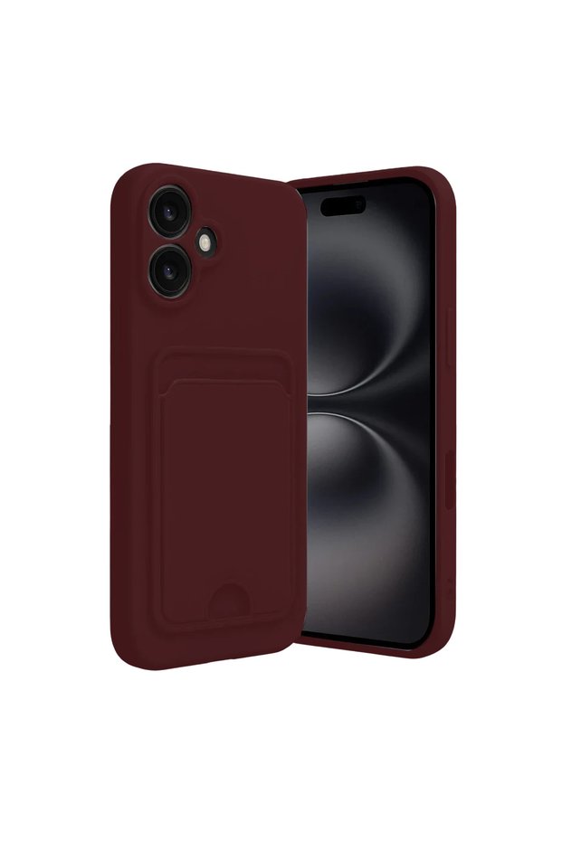 Apple iPhone 16 Case Kelvin Silicone with Business Card Holder - Burgundy