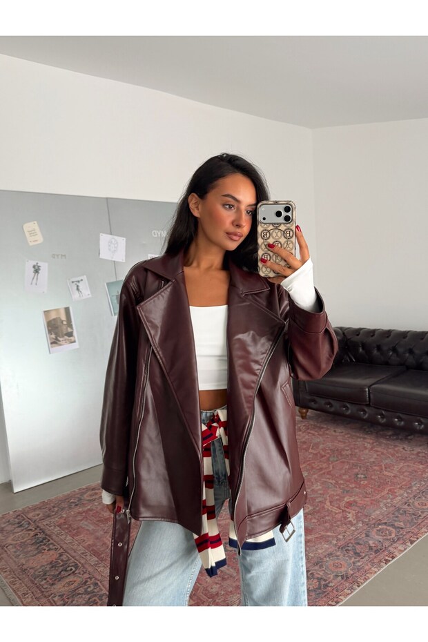 Belted Oversize Leather Jacket - Claret Red