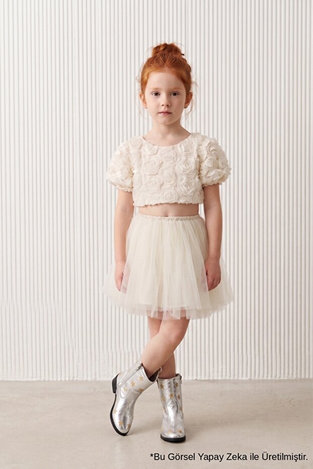 Cream Rose Detailed Cropped Tulle Skirt Short Sleeve Girls' Two-Piece Set - Sabrina