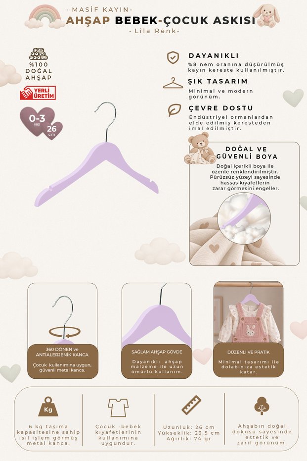 Wooden Ksç 0-3 Years Old 26cm Baby-Child Hanger Lila Color 12 Pieces