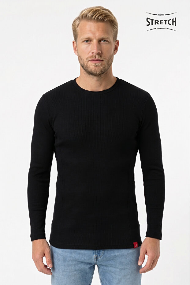 Men's Rocco O Neck Medium Thick Ribbed Stretch Long Sleeve Cotton T-Shirt Black