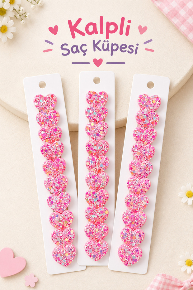 Pink Glitter Heart Patterned Stylish Hair Earrings - Hair Hoop - 10 Pcs