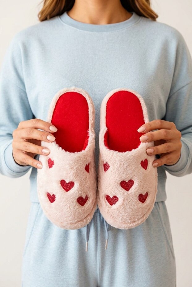 Women's Powder Heart Embroidered Plush House Slippers 3 cm Byndfkb02