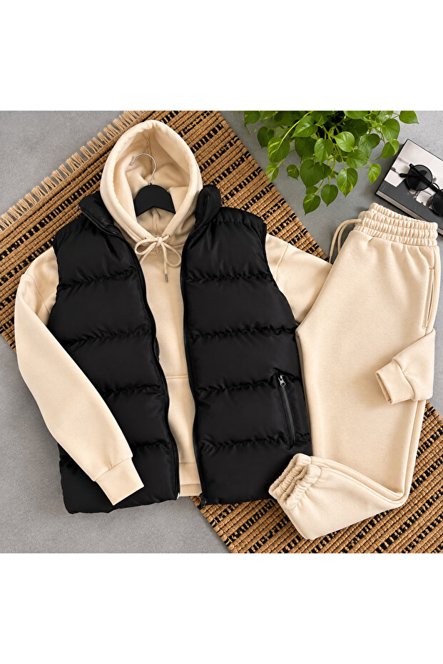 Men's 3-Piece Tracksuit Set with Hooded Vest - Full 3-Piece Combination