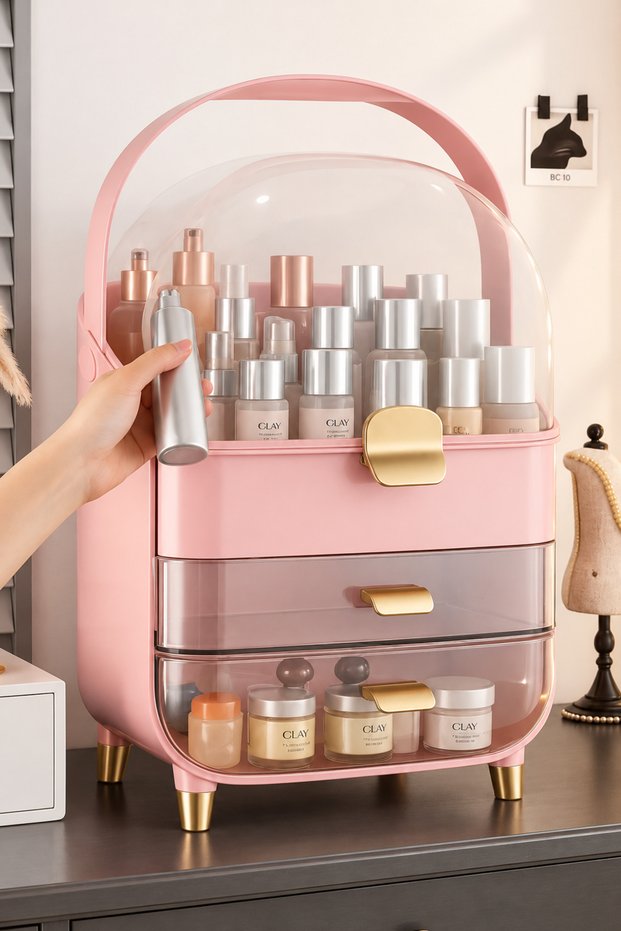 Transparent Unbreakable Lid Makeup and Jewelry Organizer, with Drawers, Pink, 19×27×36 cm