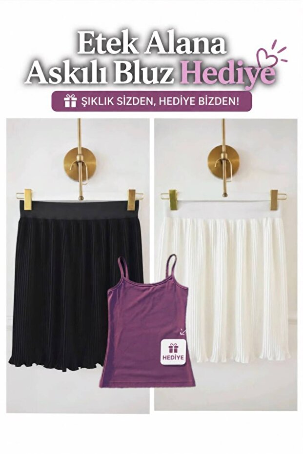Women's 2-Pack Pleated Skirt, Hijab-Friendly, Elastic Waist, Mini Complementary Black Ecru Pleated Skirt