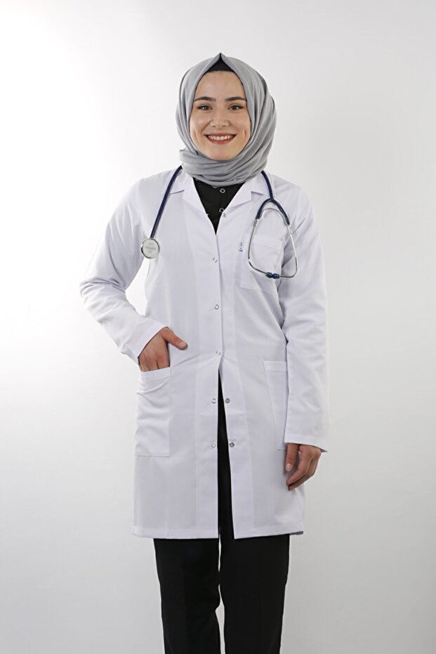 Women's White Long Sleeve 90 cm Jacket Collar Alpaca Teacher Doctor Pharmacist Nurse Apron